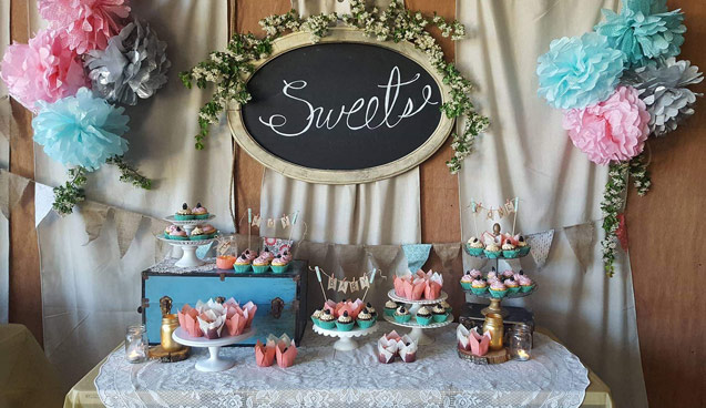 cupcake display with poms poms